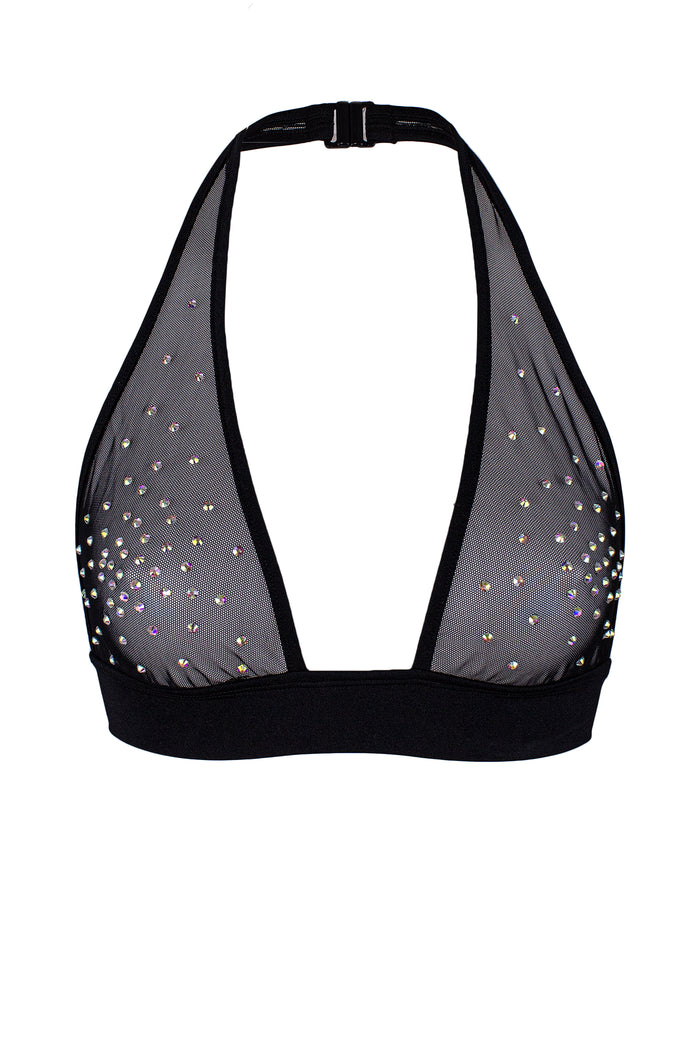 Halter sheer Mesh Crop Top with Crystals / TOP ALEX BLACK,TOPS - EXES LINGERIE