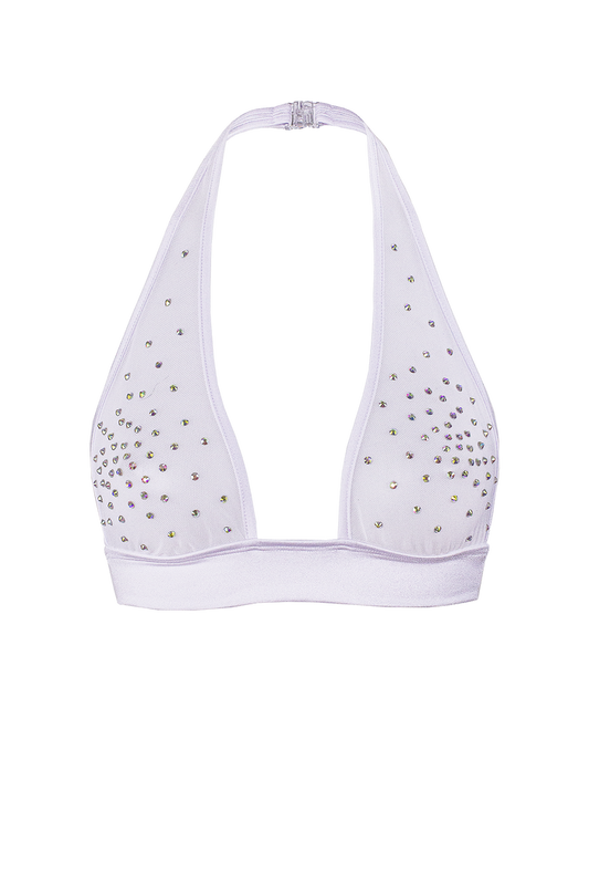 Halter sheer Mesh Crop Top with Crystals / TOP ALEX WHITE,TOPS - EXES LINGERIE