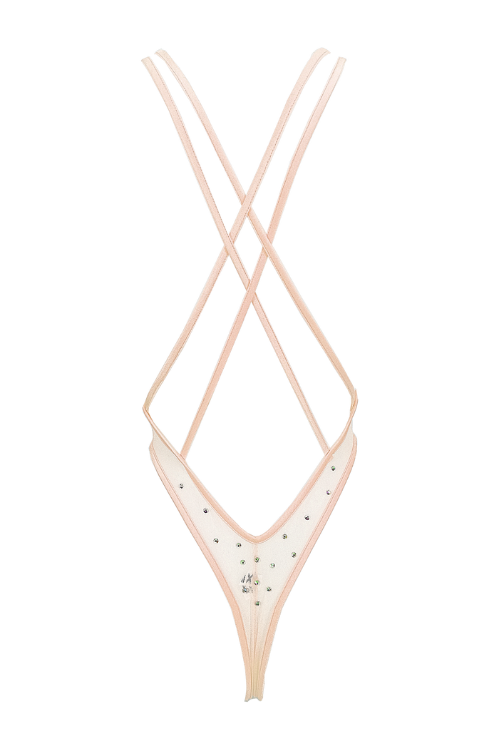 High Cut Bodysuit  SKINNY CRYSTAL  / Sexy Lingerie Sheer Mesh/ FLESH - EXES LINGERIE