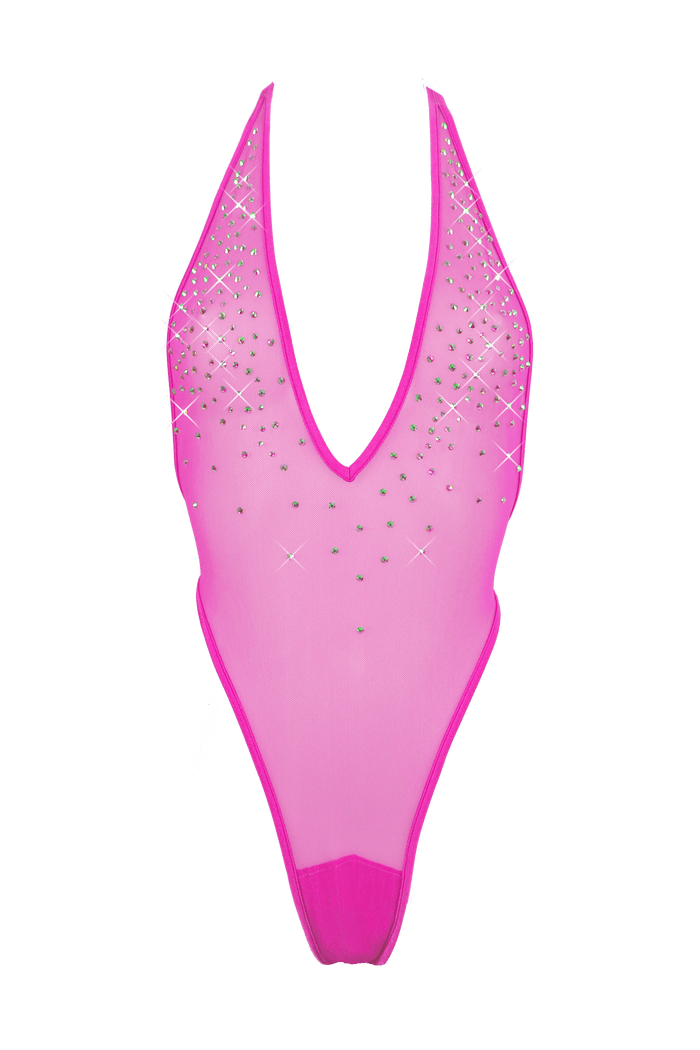 High Cut Bodysuit  SKINNY CRYSTAL  / Sexy Lingerie Sheer Mesh/ NEON PINK - EXES LINGERIE