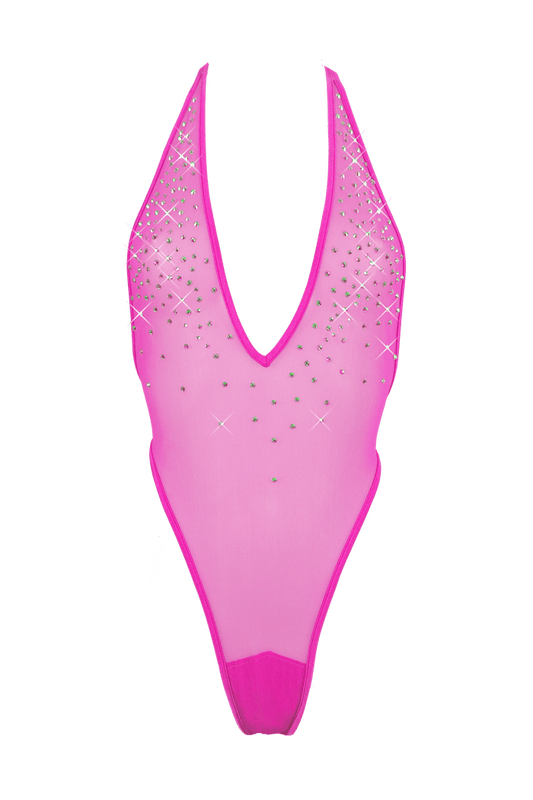 High Cut Bodysuit  SKINNY CRYSTAL  / Sexy Lingerie Sheer Mesh/ NEON PINK - EXES LINGERIE