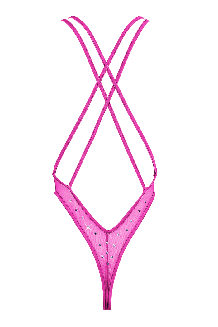 High Cut Bodysuit  SKINNY CRYSTAL  / Sexy Lingerie Sheer Mesh/ NEON PINK - EXES LINGERIE