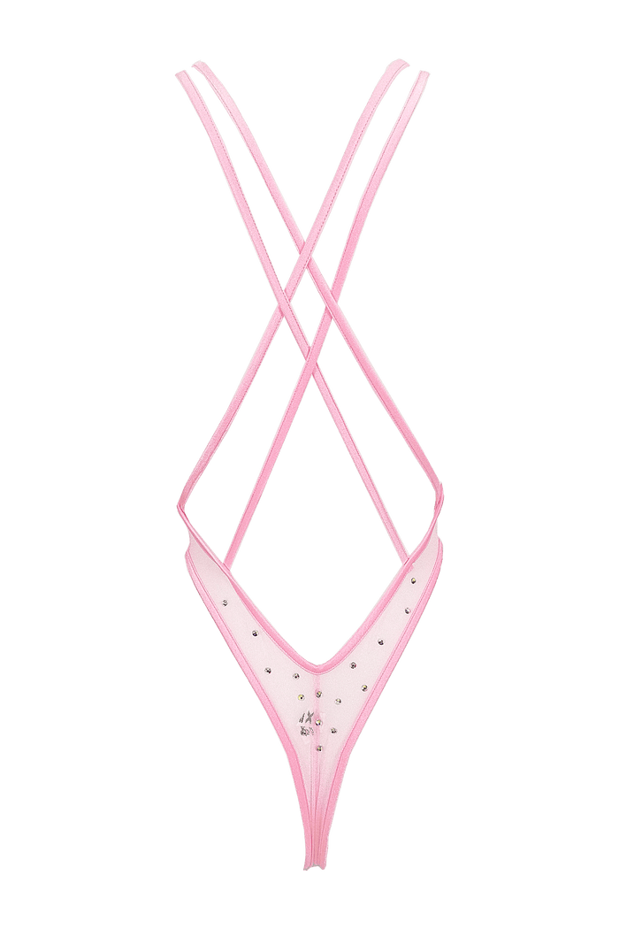 High Cut Bodysuit  SKINNY CRYSTAL  / Sexy Lingerie Sheer Mesh / BABY PINK - EXES LINGERIE