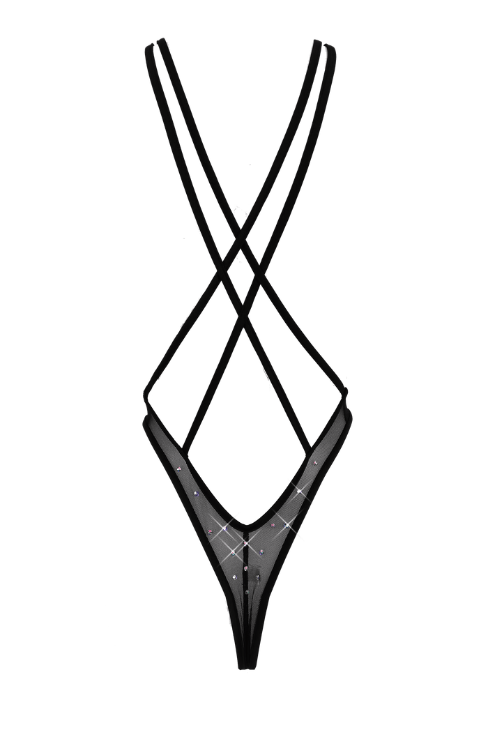High Cut Bodysuit  SKINNY CRYSTAL  / Sexy Lingerie Sheer Mesh/ BLACK - EXES LINGERIE