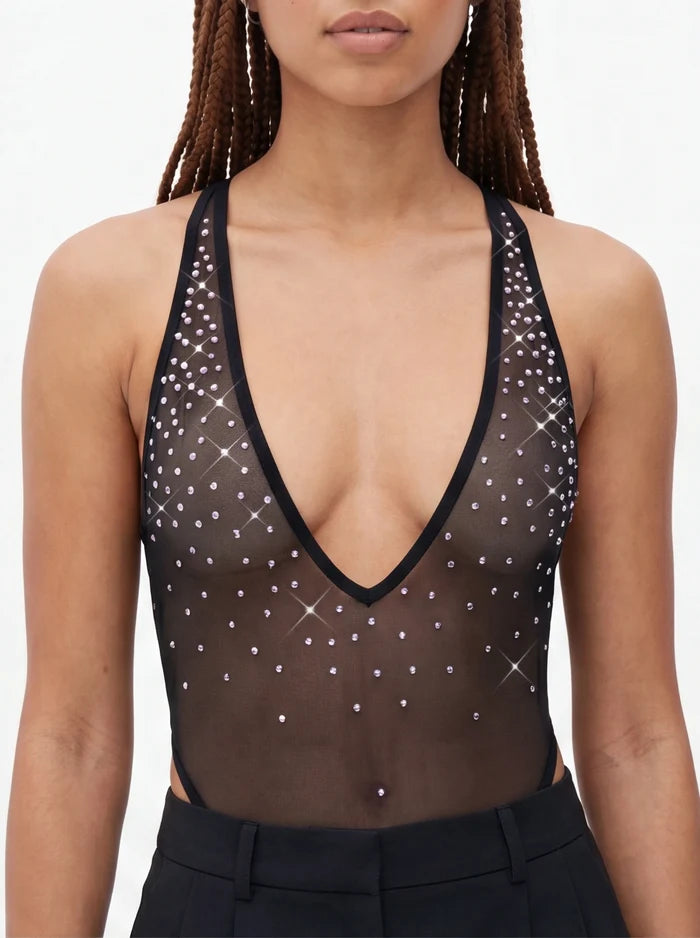 High Cut Bodysuit  SKINNY CRYSTALS  / Sexy Lingerie Sheer stretch Mesh/ BLACK,BODYSUITS - EXES LINGERIE