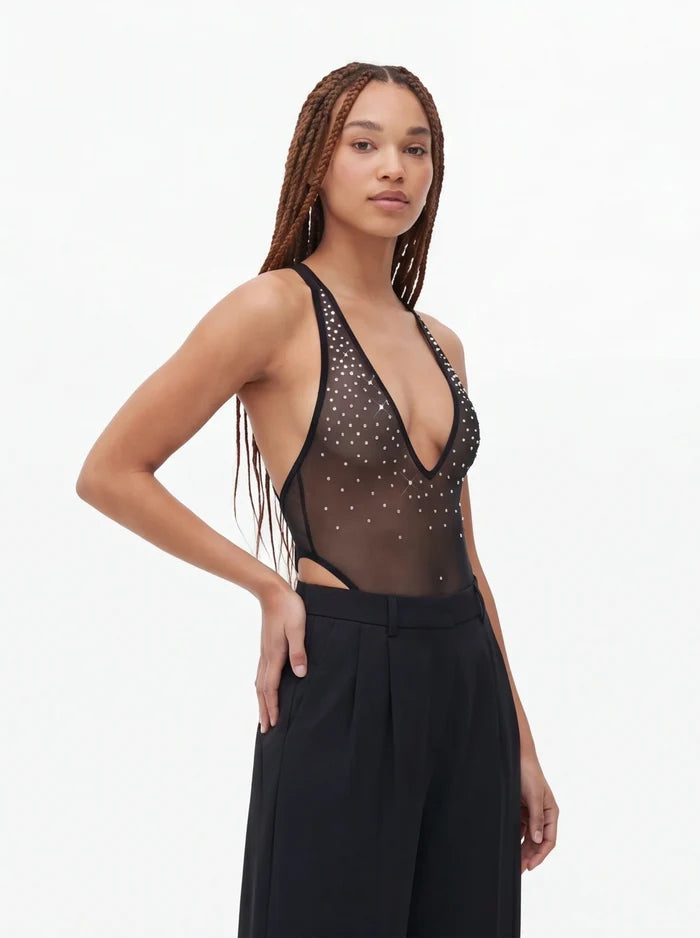 High Cut Bodysuit  SKINNY CRYSTALS  / Sexy Lingerie Sheer stretch Mesh/ BLACK,BODYSUITS - EXES LINGERIE