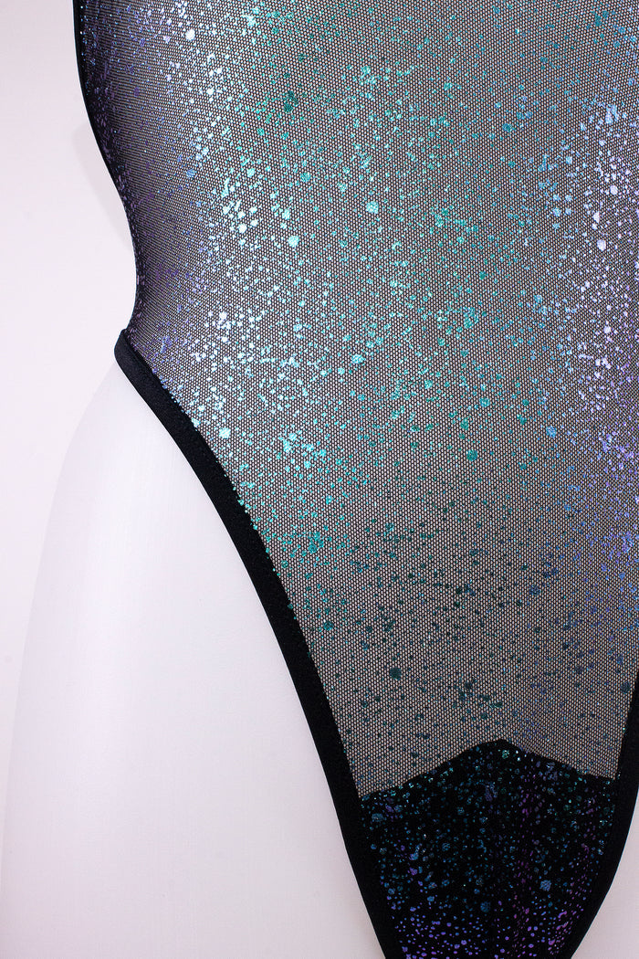 High Cut sheer Holographique Mesh Bodysuit SKINNY / Sexy Lingerie  / BLACK,BODYSUITS - EXES LINGERIE