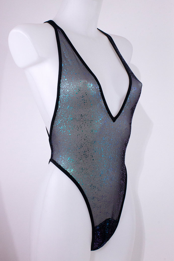 High Cut sheer Holographique Mesh Bodysuit SKINNY / Sexy Lingerie  / BLACK,BODYSUITS - EXES LINGERIE