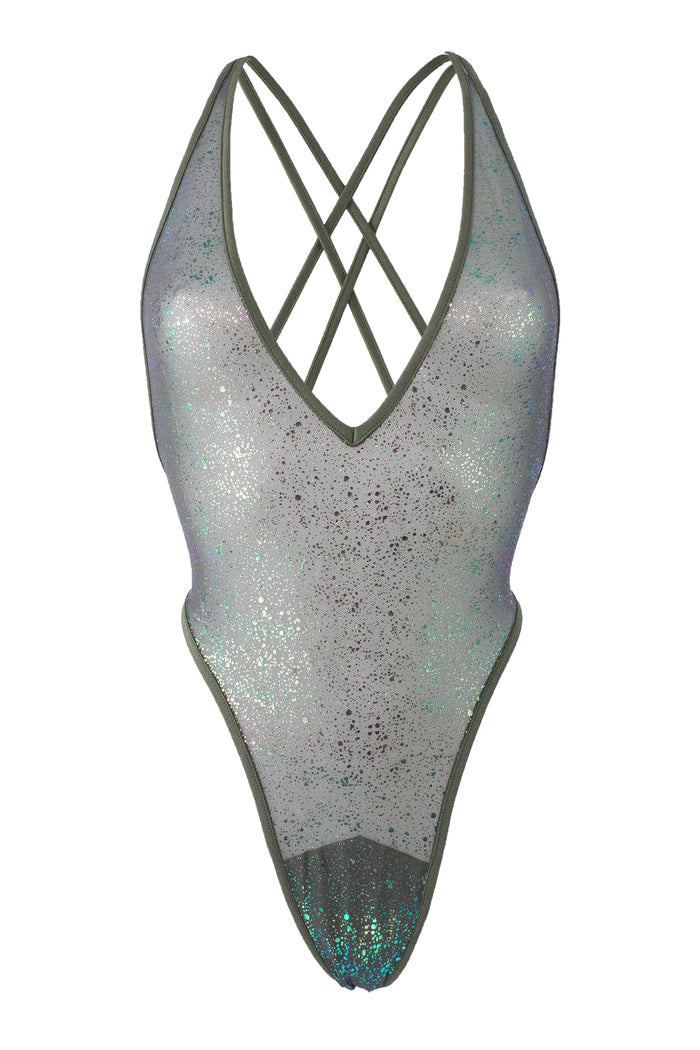 High Cut sheer Holographique Mesh Bodysuit SKINNY / Sexy Lingerie  / KHAKI,BODYSUITS - EXES LINGERIE