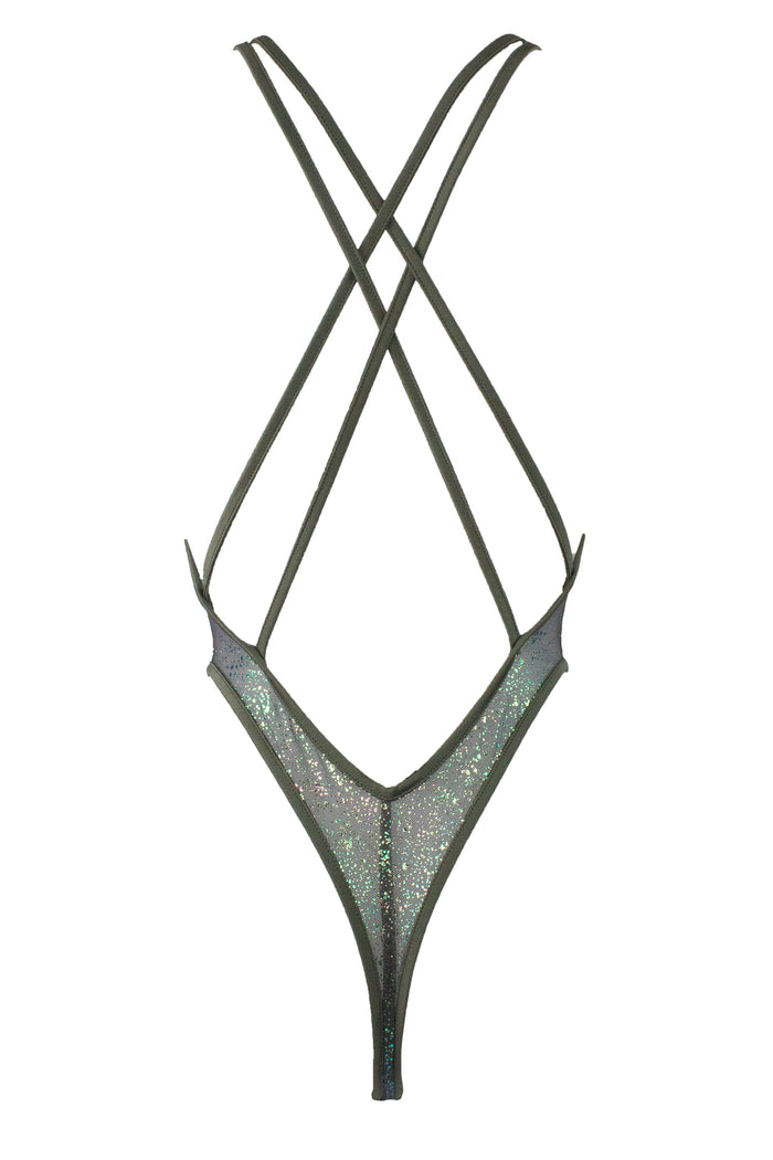High Cut sheer Holographique Mesh Bodysuit SKINNY / Sexy Lingerie  / KHAKI,BODYSUITS - EXES LINGERIE
