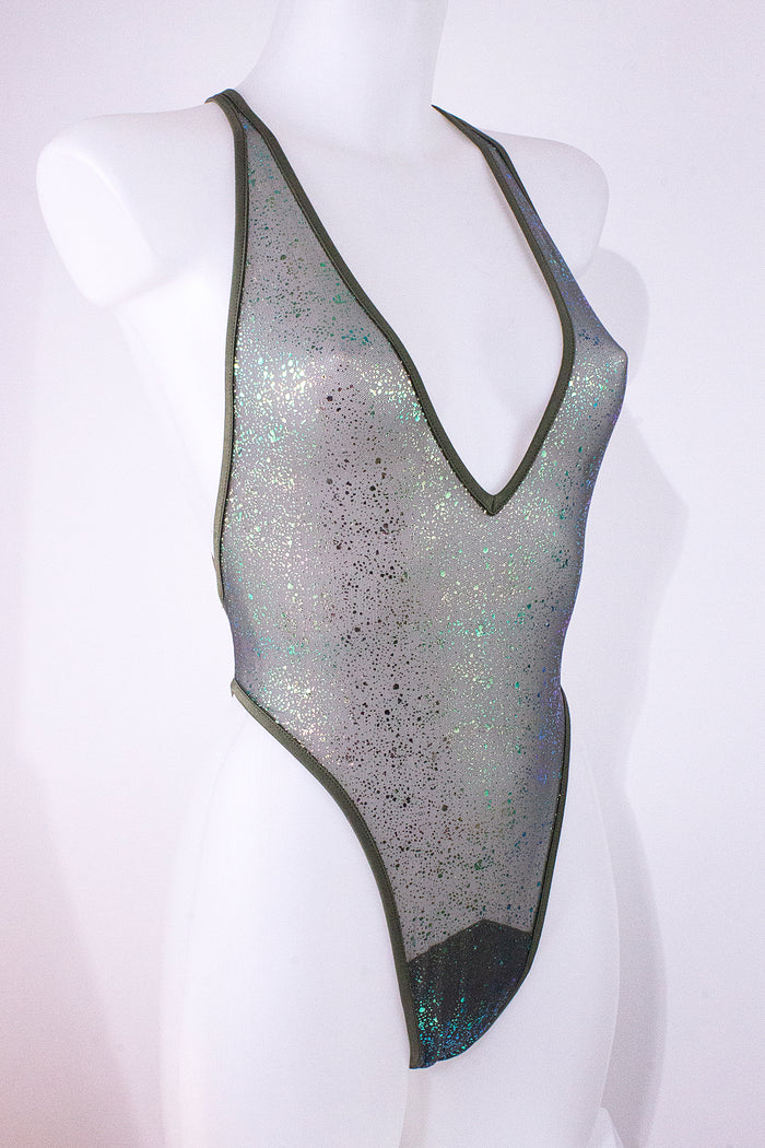 High Cut sheer Holographique Mesh Bodysuit SKINNY / Sexy Lingerie  / KHAKI,BODYSUITS - EXES LINGERIE