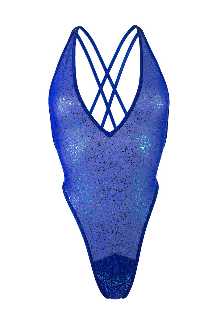 High Cut sheer Holographique Mesh Bodysuit SKINNY / Sexy Lingerie  / ROYAL BLUE,BODYSUITS - EXES LINGERIE