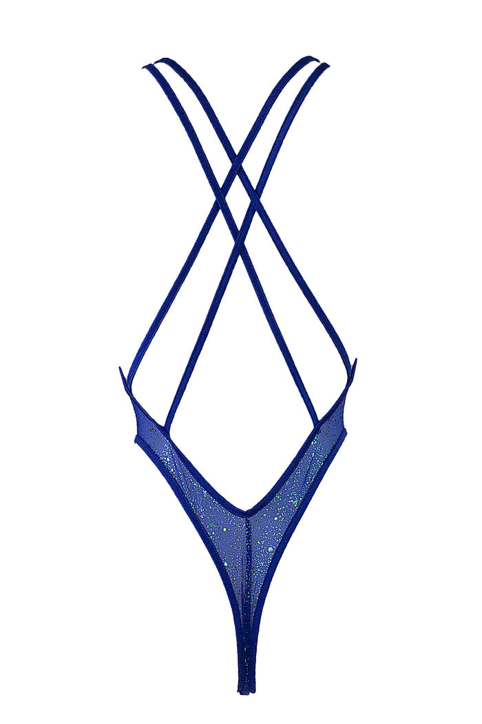 High Cut sheer Holographique Mesh Bodysuit SKINNY / Sexy Lingerie  / ROYAL BLUE,BODYSUITS - EXES LINGERIE