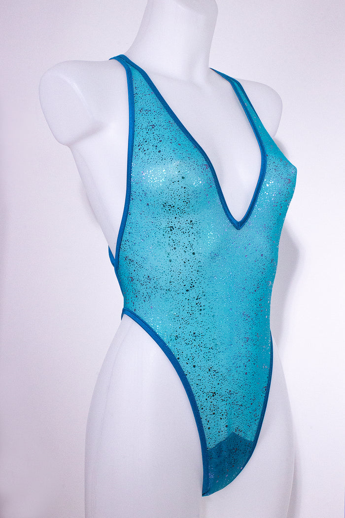 High Cut sheer Holographique Mesh Bodysuit SKINNY / Sexy Lingerie  / TEAL,BODYSUITS - EXES LINGERIE