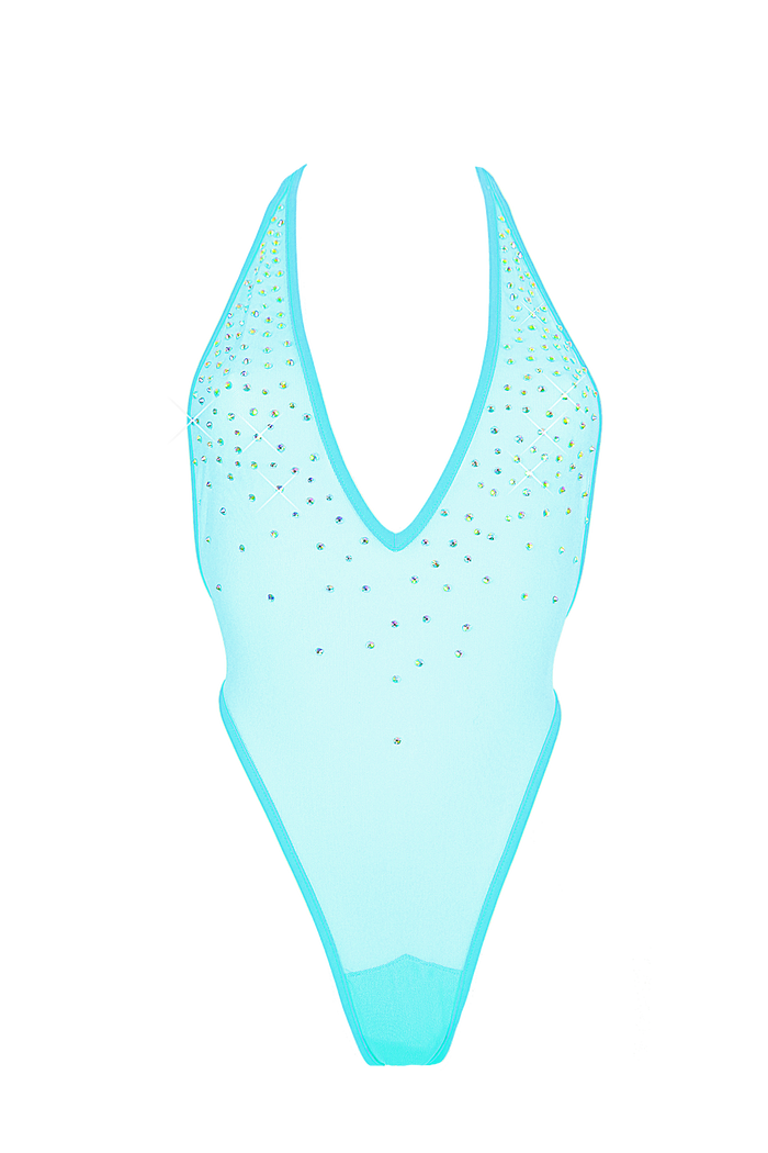 High Cut sheer Mesh Bodysuit SKINNY CRYSTALS  / Sexy Lingerie Sheer Mesh / AQUA,BODYSUITS - EXES LINGERIE