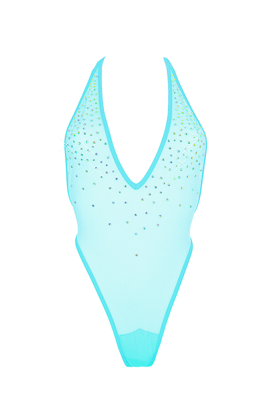 High Cut sheer Mesh Bodysuit SKINNY CRYSTALS  / Sexy Lingerie Sheer Mesh / AQUA,BODYSUITS - EXES LINGERIE