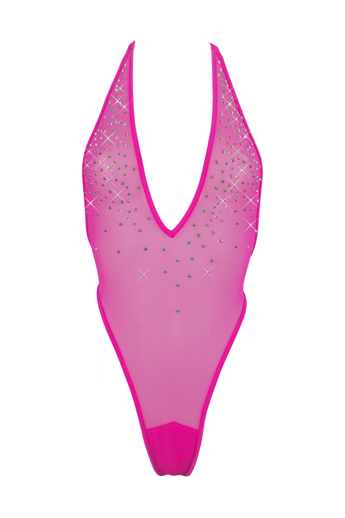 High Cut sheer Mesh Bodysuit SKINNY CRYSTALS  / Sexy Lingerie Sheer Mesh / FUCHSIA,BODYSUITS - EXES LINGERIE
