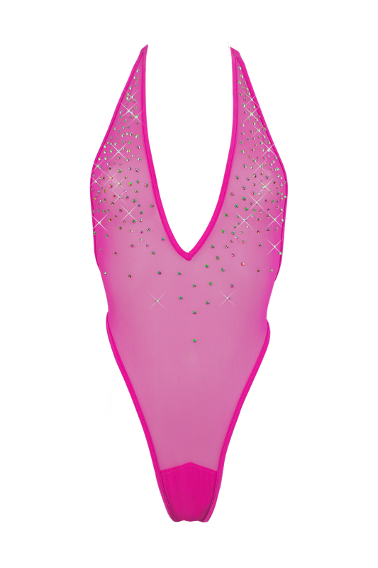 High Cut sheer Mesh Bodysuit SKINNY CRYSTALS  / Sexy Lingerie Sheer Mesh / FUCHSIA,BODYSUITS - EXES LINGERIE
