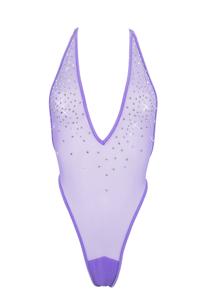 High Cut sheer Mesh Bodysuit SKINNY CRYSTALS  / Sexy Lingerie Sheer Mesh / LILAC,BODYSUITS - EXES LINGERIE