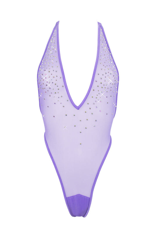 High Cut sheer Mesh Bodysuit SKINNY CRYSTALS  / Sexy Lingerie Sheer Mesh / LILAC,BODYSUITS - EXES LINGERIE