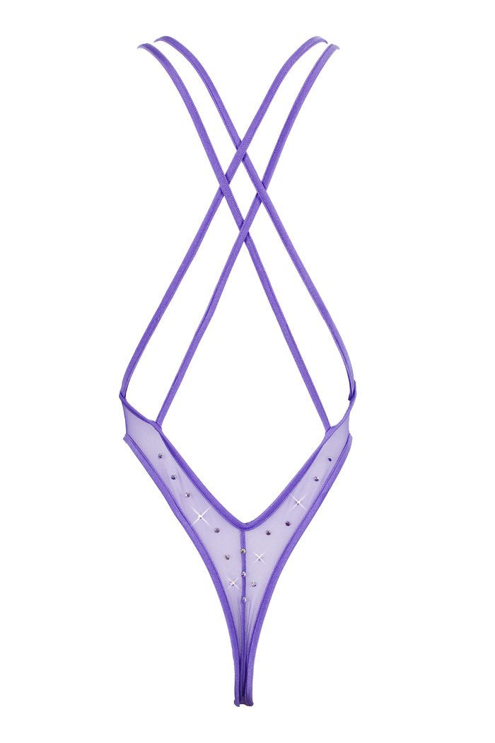High Cut sheer Mesh Bodysuit SKINNY CRYSTALS  / Sexy Lingerie Sheer Mesh / LILAC,BODYSUITS - EXES LINGERIE