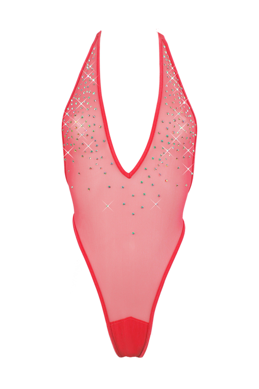 High Cut sheer Mesh Bodysuit SKINNY CRYSTALS  / Sexy Lingerie Sheer Mesh / RED,BODYSUITS - EXES LINGERIE