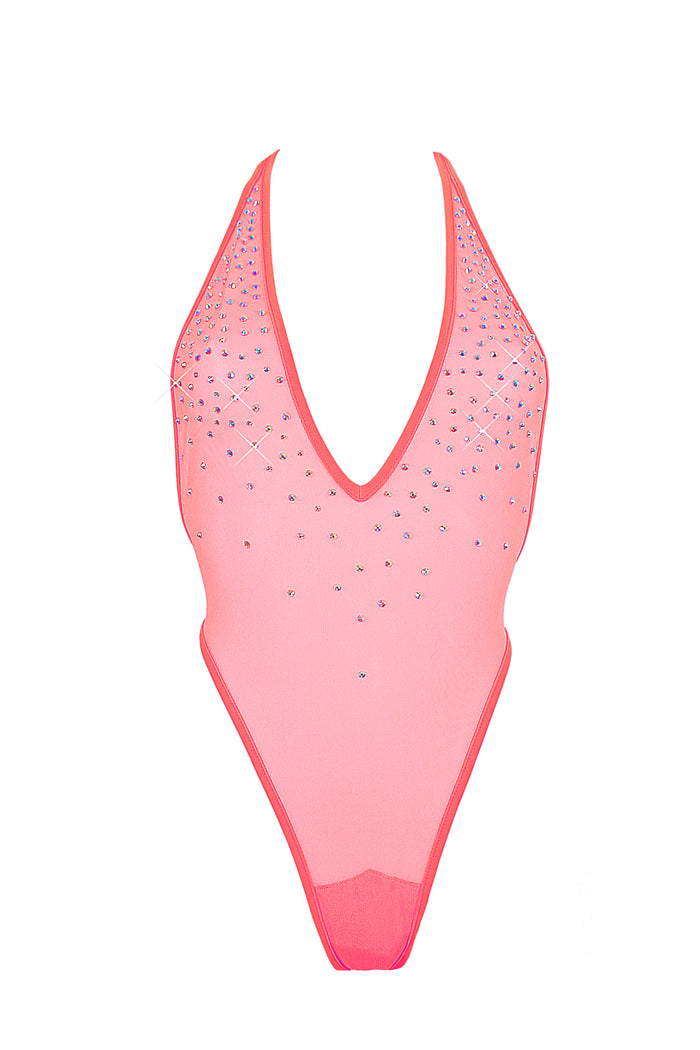 High Cut stretch mesh Bodysuit SKINNY CRYSTASL  / Sexy Lingerie Sheer Mesh / CORAL,BODYSUITS - EXES LINGERIE