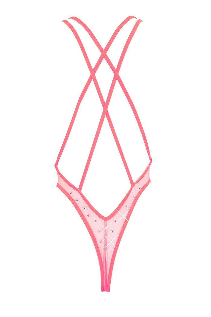 High Cut stretch mesh Bodysuit SKINNY CRYSTASL  / Sexy Lingerie Sheer Mesh / CORAL,BODYSUITS - EXES LINGERIE