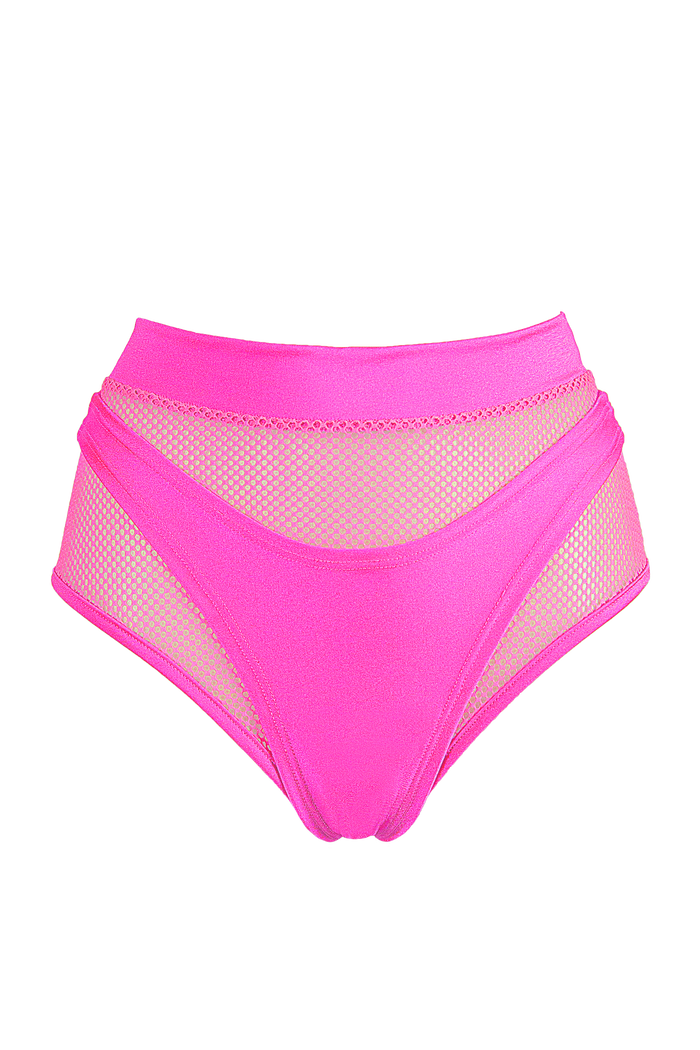 High waisted Fishnet bottom + thong / Two piece set / NEON PINK - EXES LINGERIE