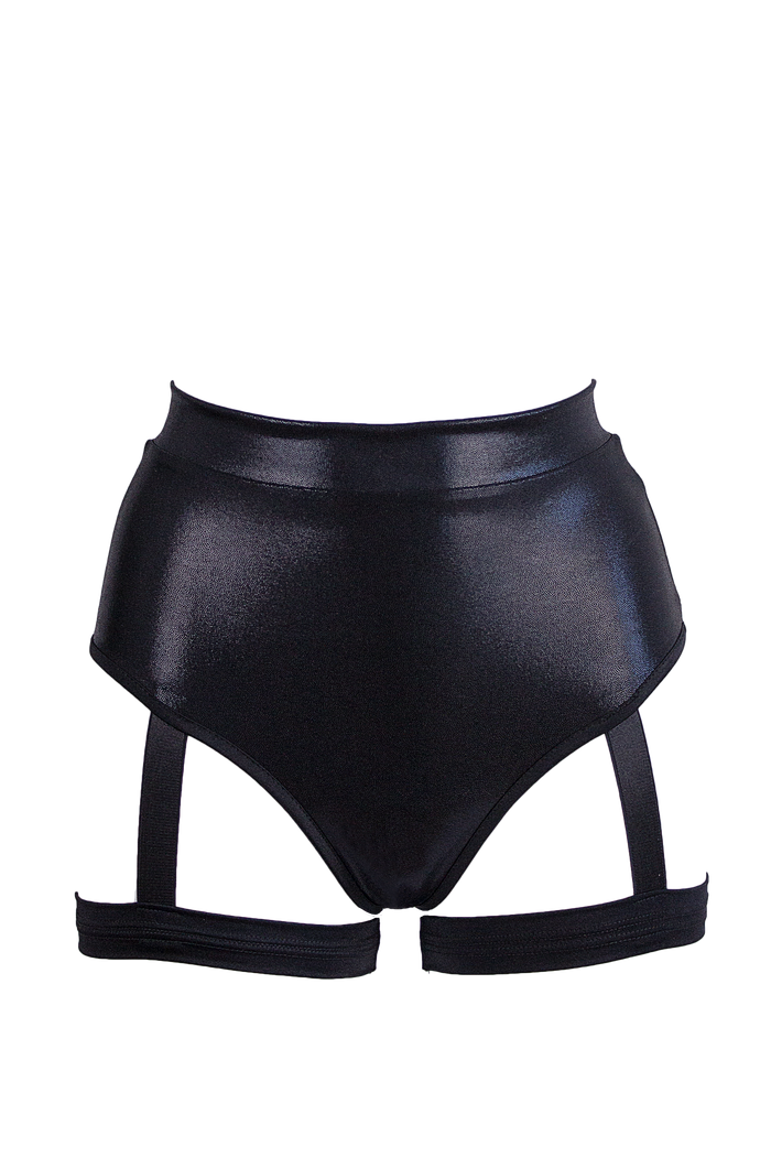 High waisted garter shorts Hologram Pole dance wear / HW GARTER HOLOGRAPHIC BLACK - EXES LINGERIE