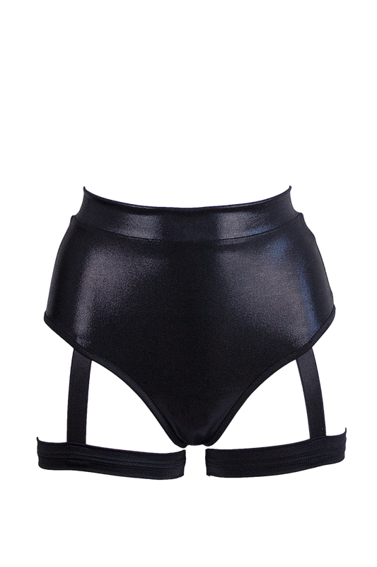 High waisted garter shorts Hologram Pole dance wear / HW GARTER HOLOGRAPHIC BLACK - EXES LINGERIE