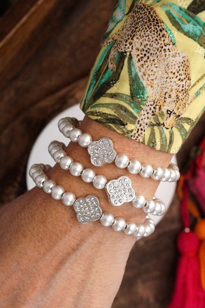 Crystal Quatrefoil Silver tone ball beads bracelet stack of 3 bracelets Set of 3 bracelets in silver tone 6mm CCB beads Clear Crystal paved Clovers