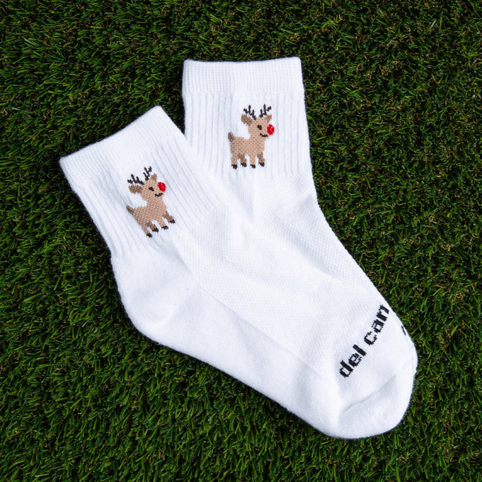 Del Campo Santa Pack golf socks featuring four Christmas designs: Santa Smiley, Rudolph Boys, Christmas Tree, and Christmas Stripe