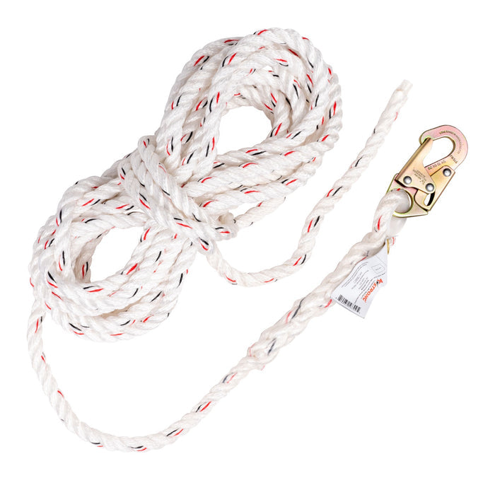 KStrong Vertical Polysteel Rope Lifeline, Locking Snap hook on anchor end, other end cut and taped