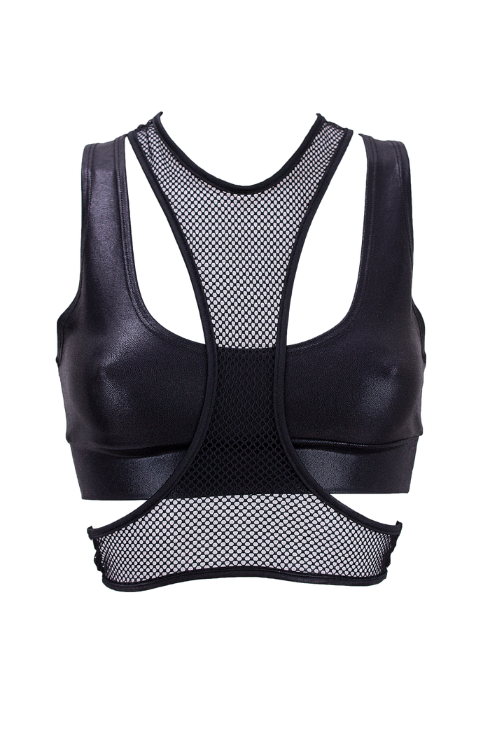 Layered Crop Top Set / Hologram with Fishnet top overlay / DOUBLE TOP BLACK - EXES LINGERIE