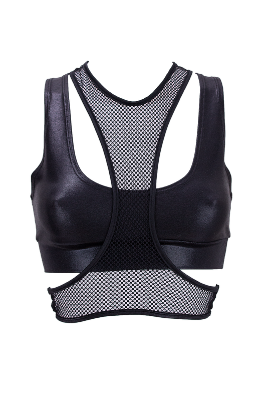Layered Crop Top Set / Hologram with Fishnet top overlay / DOUBLE TOP BLACK - EXES LINGERIE
