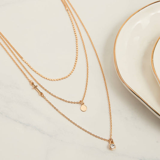 Side cross 3 layer in gold pendant necklace
