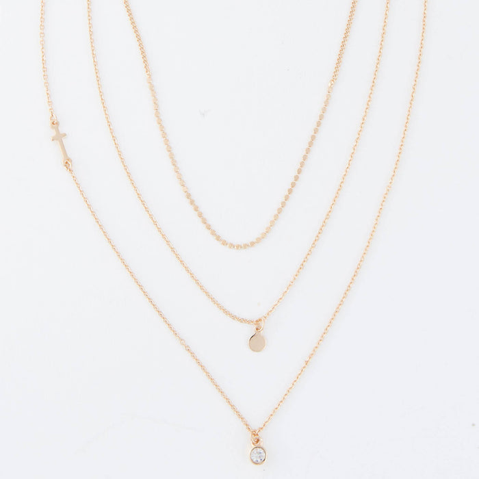 Layered Necklace Char 15" Gold  Side Cross Gem Pendant
