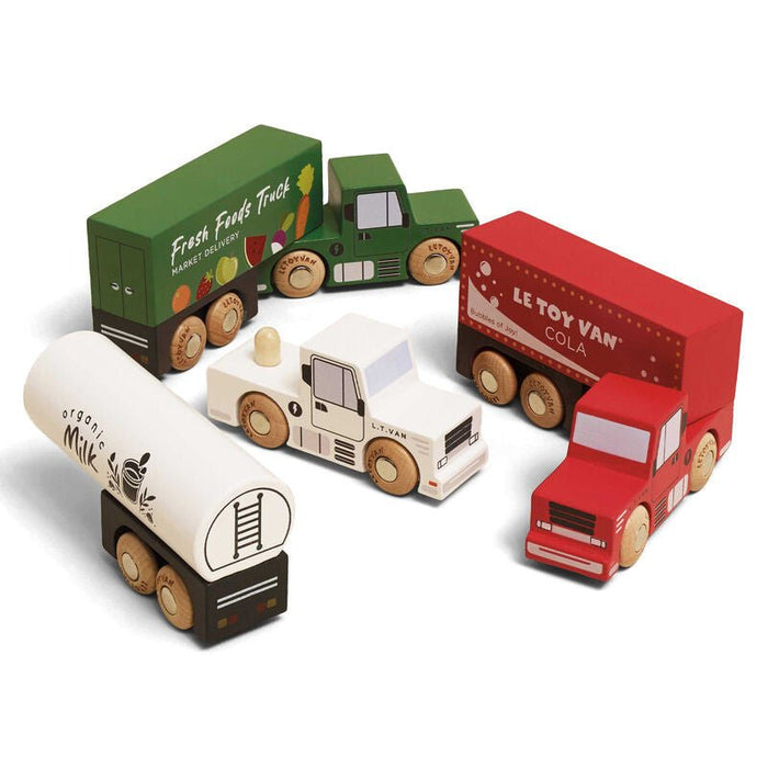 Le Toy Van Wooden Toy Trucks three FSC wood electric trucks with trailers