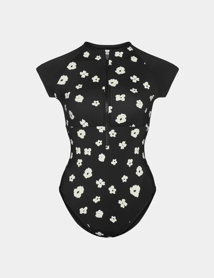 | Leakproof Cap-Sleeve One Piece Swimsuit shown front-facing against a light gray background | Black/Daisy