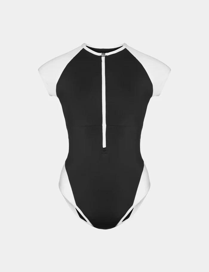 | Leakproof Cap-Sleeve One Piece Swimsuit shown front-facing against a light gray background | Black/White