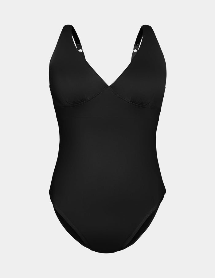 | Leakproof Deep V One Piece Swimsuit shown front-facing against a light gray background | Black