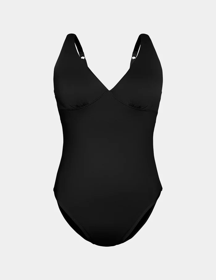 | Leakproof Deep V One Piece Swimsuit shown front-facing against a light gray background | Black