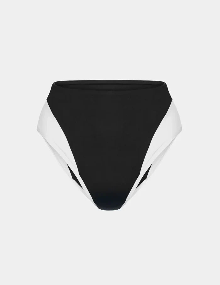 | Leakproof High Rise Bikini Swim Bottom shown front-facing against a light gray background | Black/White