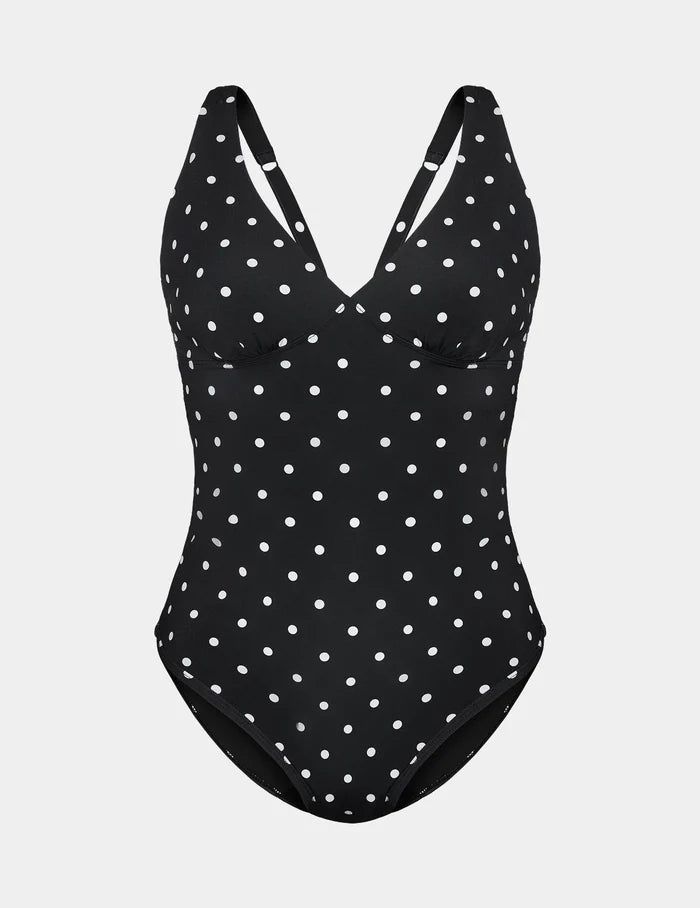 | Leakproof Sculpt Deep V One Piece Swimsuit shown front-facing against a light gray background | Black with White Polka Dot