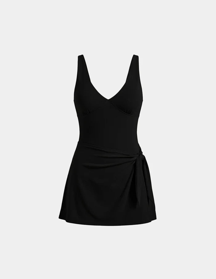 | Leakproof Sculpt Deep V Swim Dress shown front-facing against a light gray background | Black