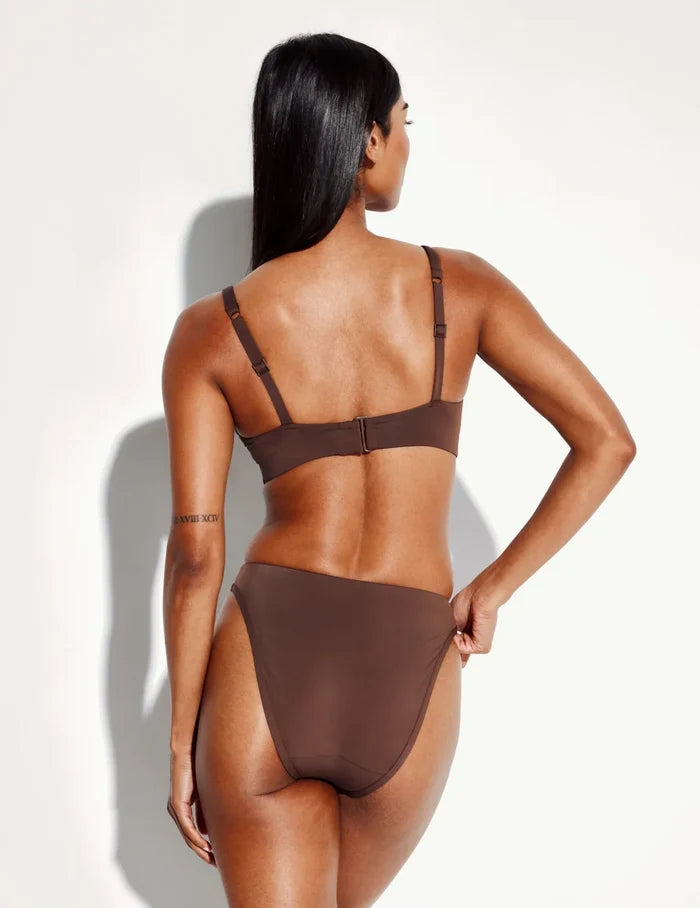 | Back view of model wearing the Leakproof Sculpt High Cut Bikini Swim Bottom highlighting the coverage and fit | Espresso