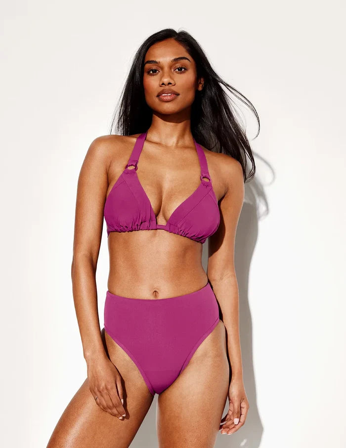 | Front view of model wearing the Leakproof Sculpt High Rise Bikini Swim Bottom highlighting the coverage and fit | Deep Orchid