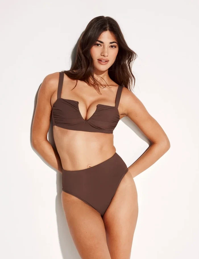| Front view of model wearing the Leakproof Sculpt High Rise Bikini Swim Bottom highlighting the coverage and fit | Espresso