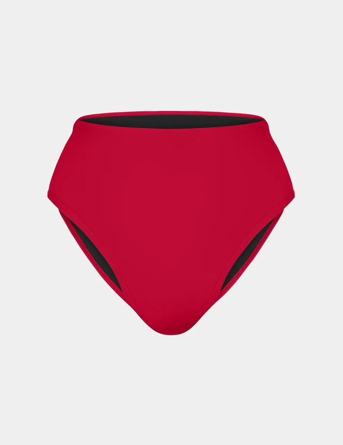 | Leakproof Sculpt High Rise Bikini Swim Bottom shown front-facing against a light gray background | Cherry